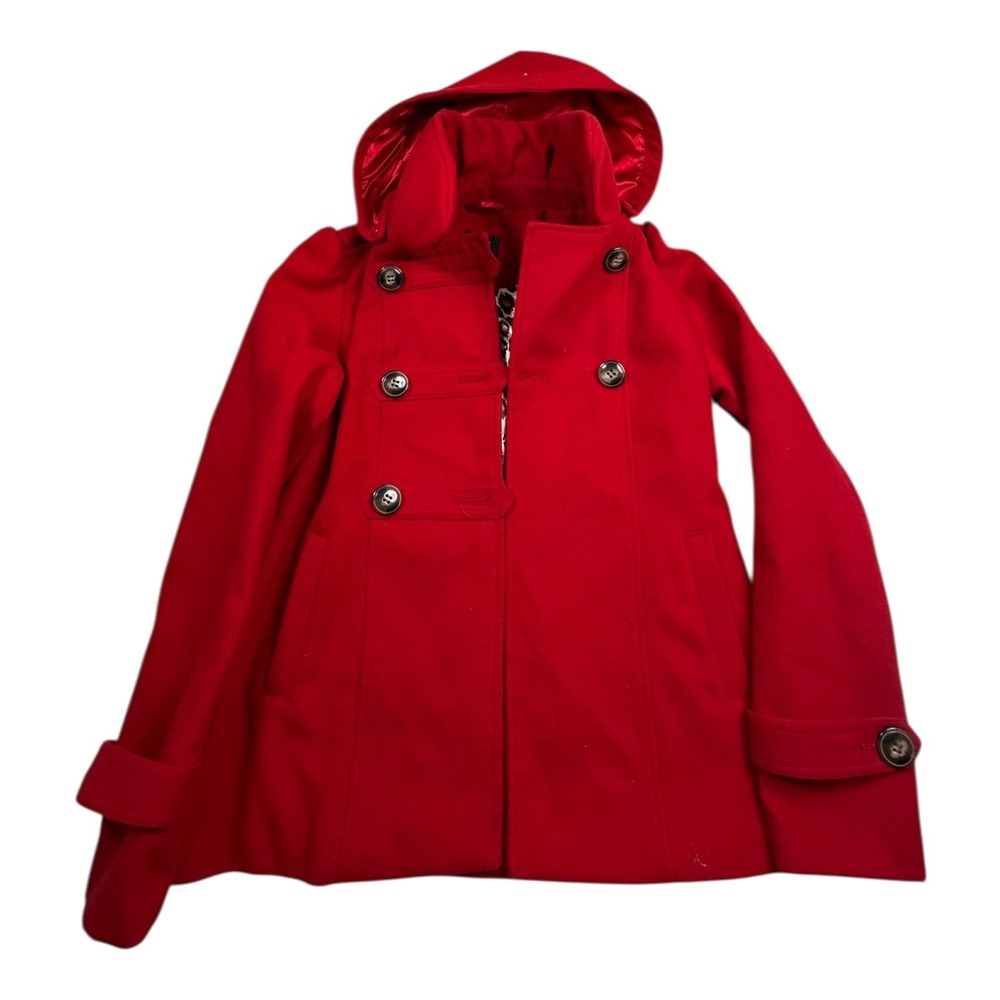 Material Girl Red Hooded‎ Double Breasted Pea Coat Jacket Women's Size Medium